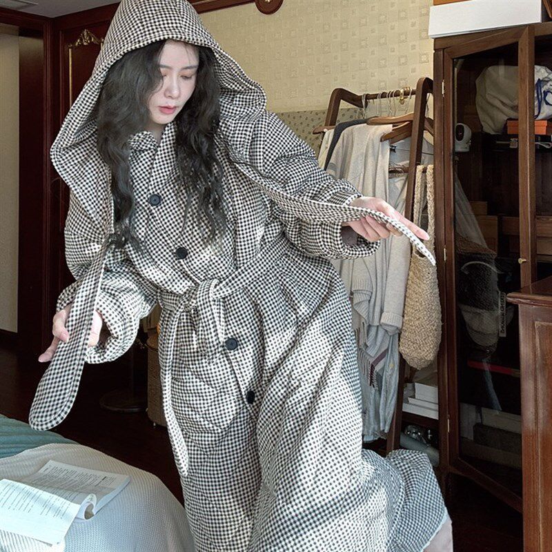 大梦睡袍秋冬季加绒加厚夹棉睡衣女2024新款格子长款浴袍家居服