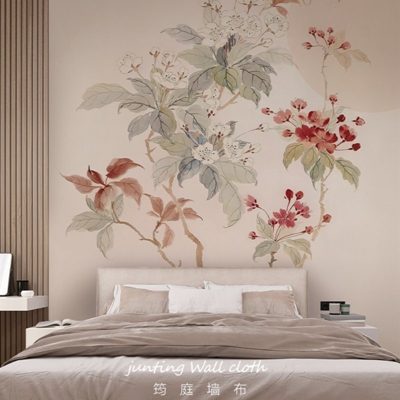 定制中式清新花朵墙纸卧室床头背景墙无纺布墙布客厅电视无缝壁画