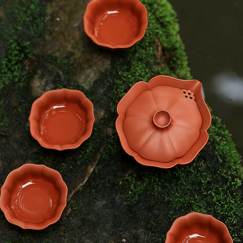 宜兴芳华紫砂盖碗套装复古纯手工原矿朱泥功夫泡茶壶茶杯茶具茶碗