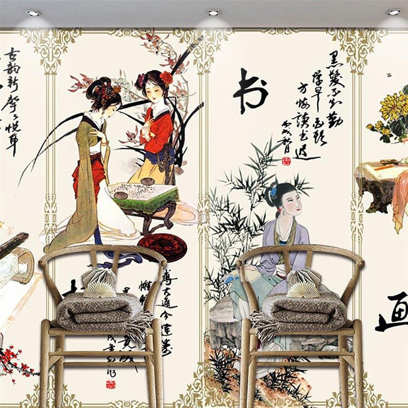 3D立体墙贴壁画贴纸壁纸自粘墙纸山水年画中式国画客厅办公室背景