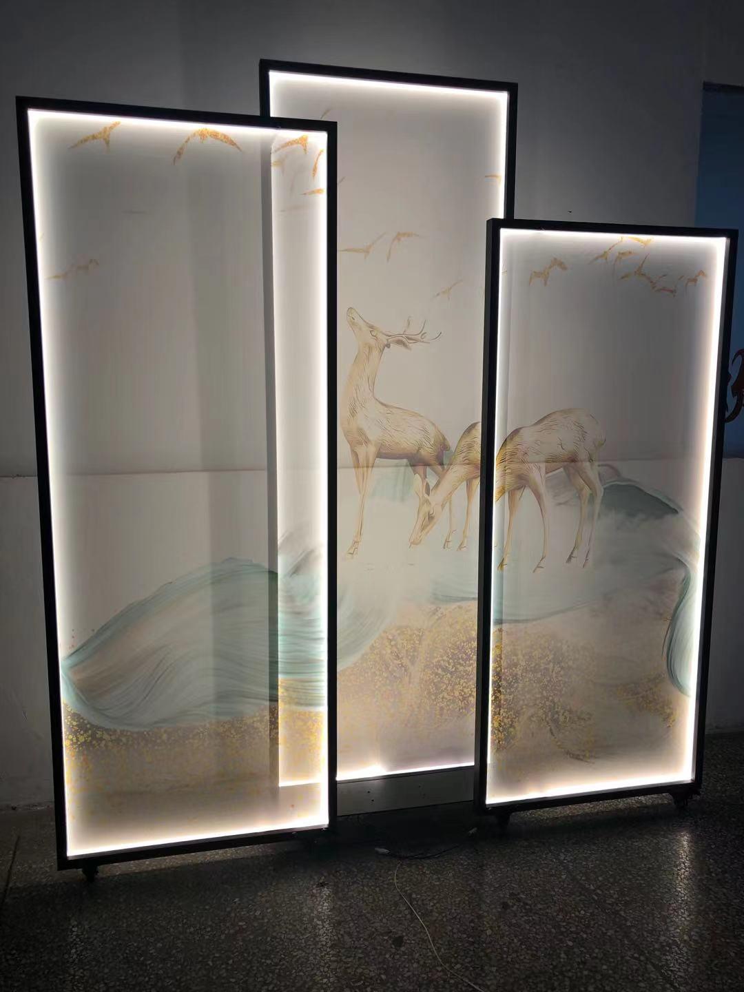 定制新中式方形双面半透明发光丝绢滑轮屏风隔断山水画纱画