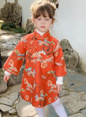 儿童秋款旗袍宽松红色唐装女童复古连衣裙女孩秋装花朵外套礼服