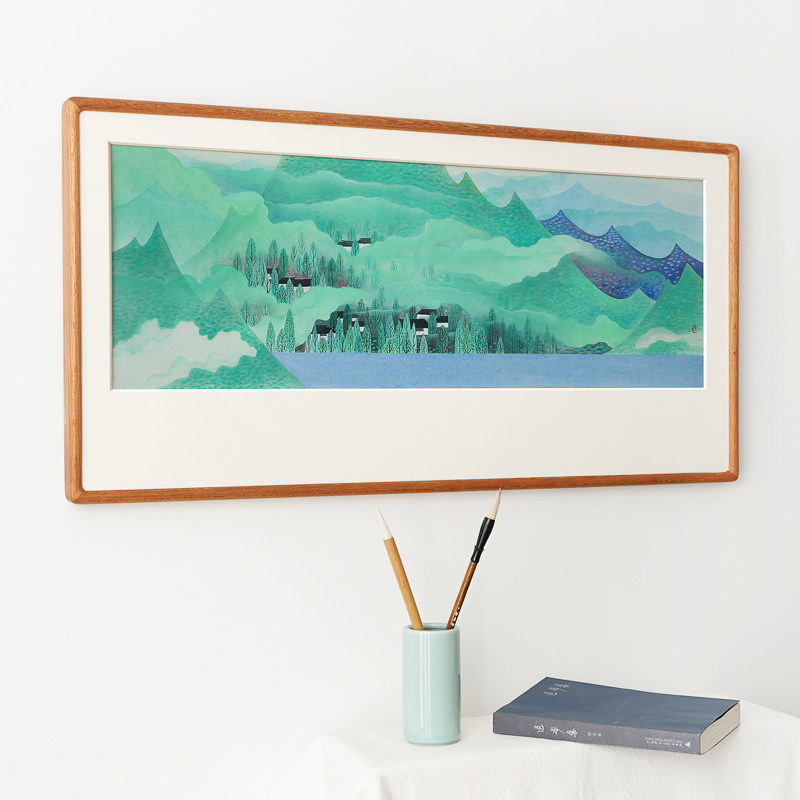 李旭青绿山水墨画山峰彩色横版床头沙发客厅书房装饰画新中式挂画