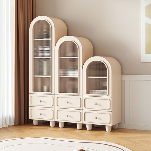 奶油风法式拱形书柜带玻璃门靠墙自由组合柜客厅防尘展示柜储物柜