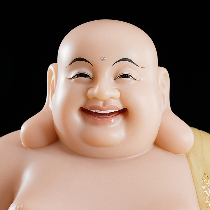 弥勒佛菩萨大肚笑佛像汉白玉石雕笑佛黄玉镶金家用客厅招财摆件