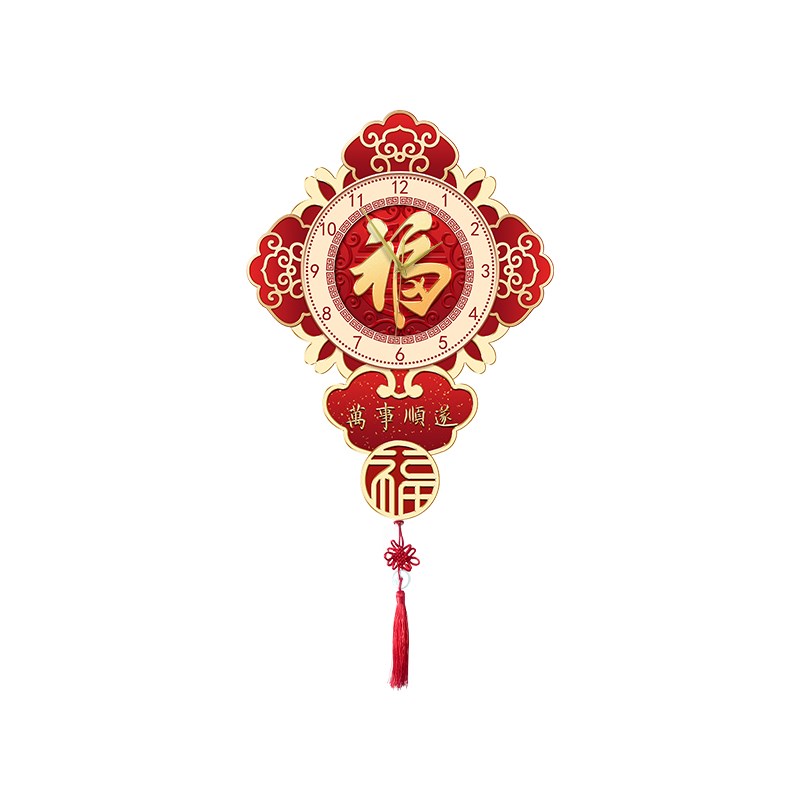 新中式客厅福字钟表装饰画中国风电视墙挂钟灯画中国结时钟墙挂表