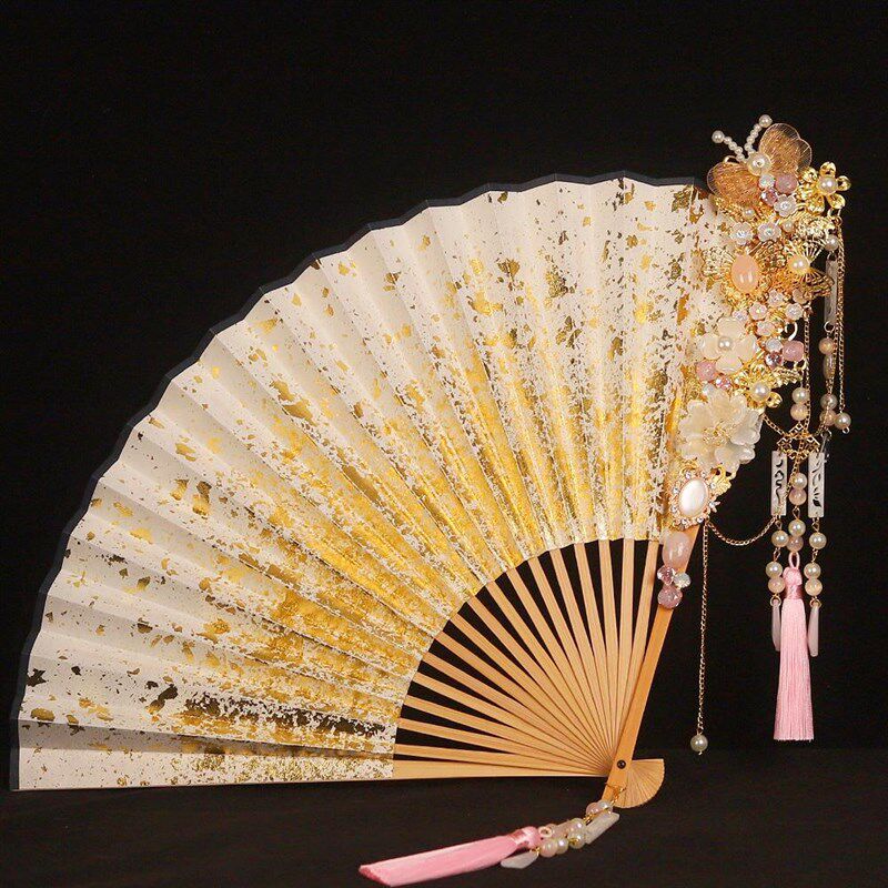 9寸复古风粉色洒金扇子折扇高级中国风男女汉服旗袍夏季合金竹扇