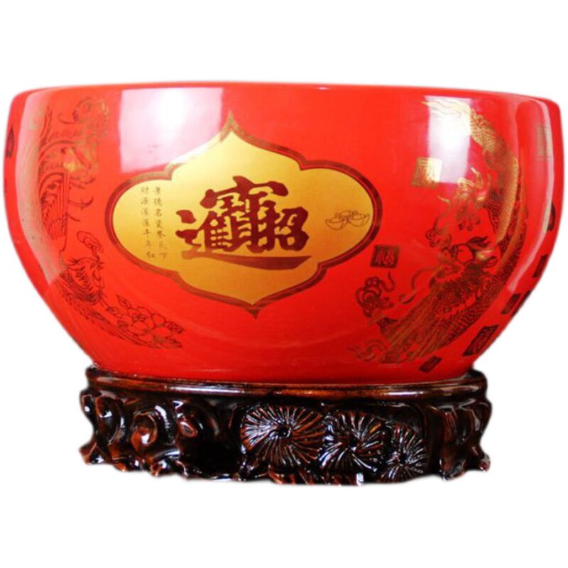 中国风龙凤红色花盆聚宝盆陶瓷招财进宝创意家用碗莲水培无孔盆