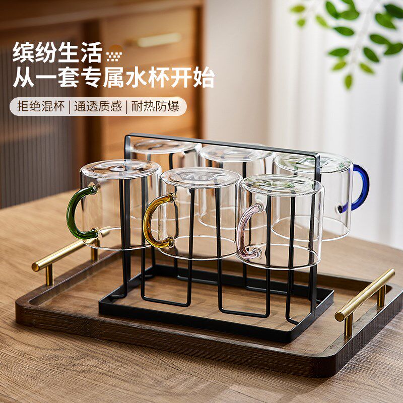 玻璃杯家用喝水杯子6只套装客厅泡绿茶杯牛奶杯待客果汁杯带把手