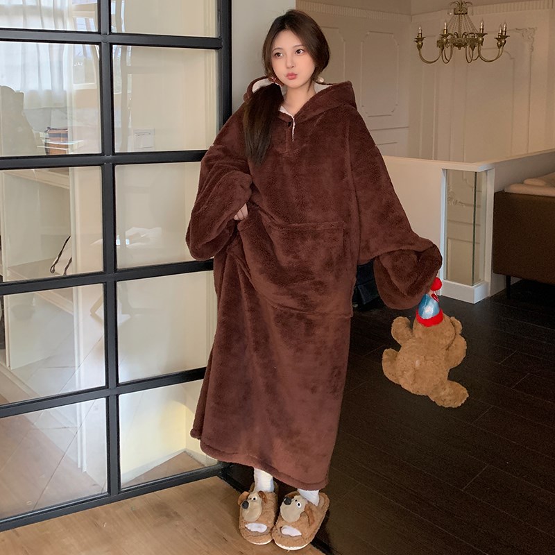 纯色卫衣大睡袍秋冬季珊瑚绒加绒加厚可外穿连帽长款睡裙连体浴袍