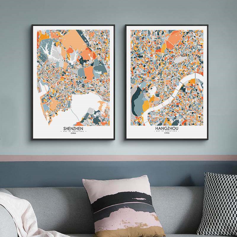 北欧城市地图竖版装饰画客厅装饰背景画艺术画沙发背景墙挂画