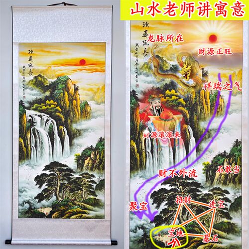风水画国画山水画字画客厅装饰画靠山聚宝盆招财卷轴挂画旭日东升