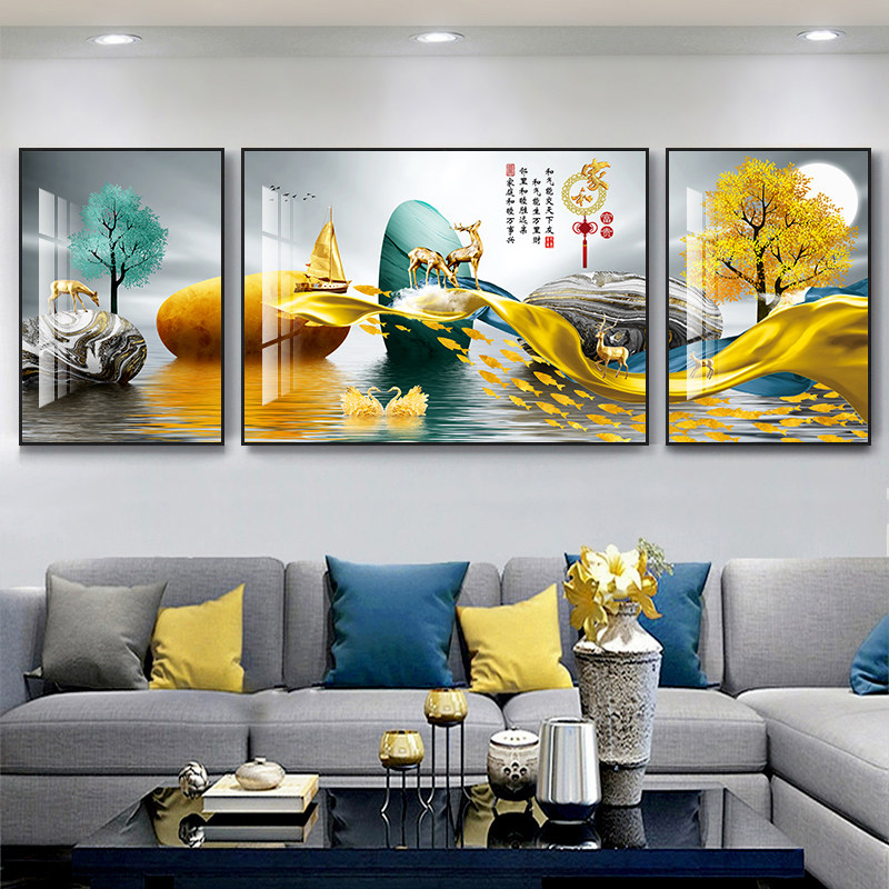 客厅装饰画沙发背景墙挂画现代简约轻奢时尚大气三联晶瓷镶钻壁画