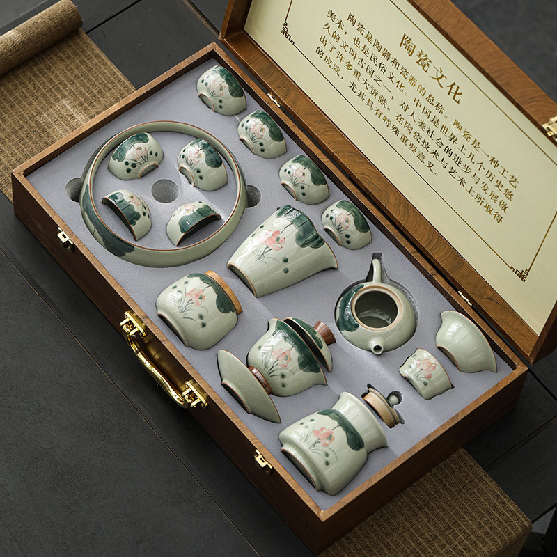哥窑手绘家用中式功夫茶具套装奢华高端陶瓷泡茶壶茶杯整套送礼盒