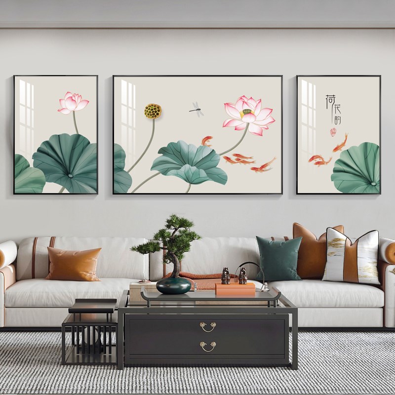 九鱼图客厅装饰画 画新中式沙发背景墙挂画 画轻奢大气三联画 画