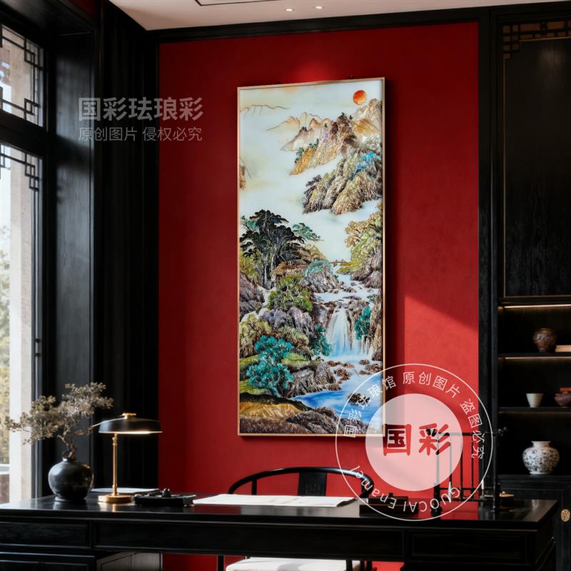 纯手绘珐琅彩工艺装饰画中式山水画客厅书房茶室高端轻奢玄关壁画