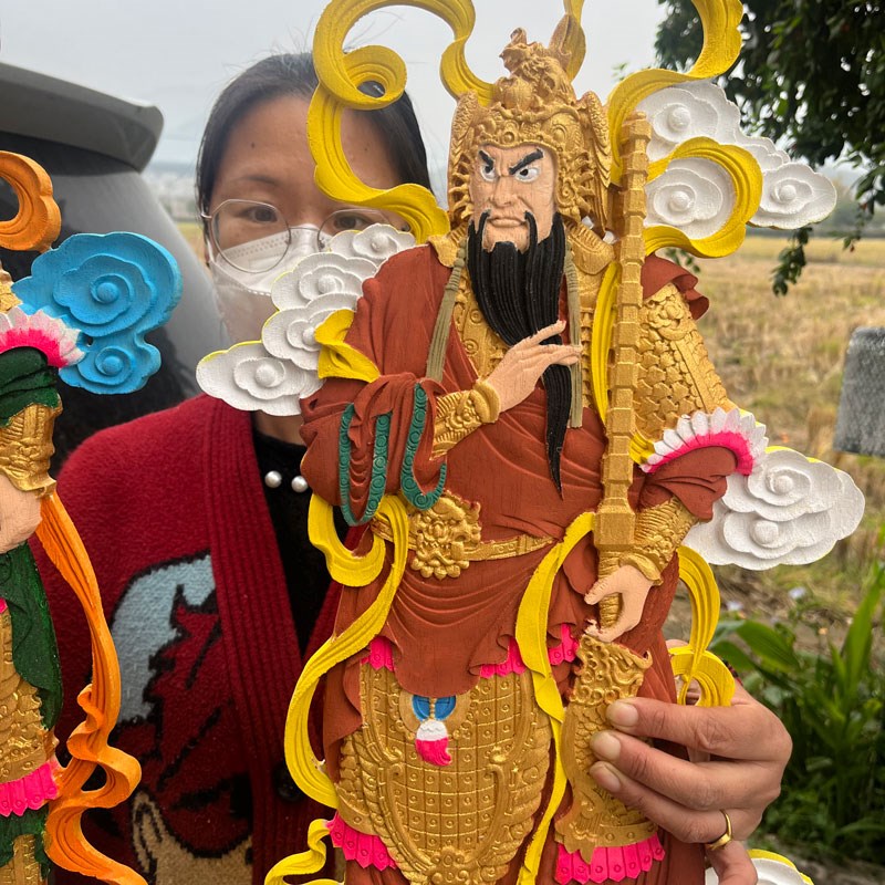 东阳木雕入户门神像挂画秦叔宝尉迟恭彩色摆件镂空中式木质装饰画