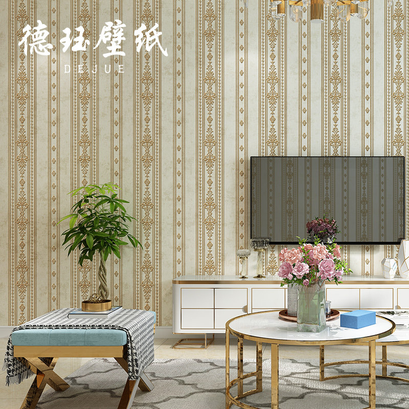 欧式墙纸浮雕奢华卧室轻奢客厅背景墙无纺布绿色条纹壁纸2021新款