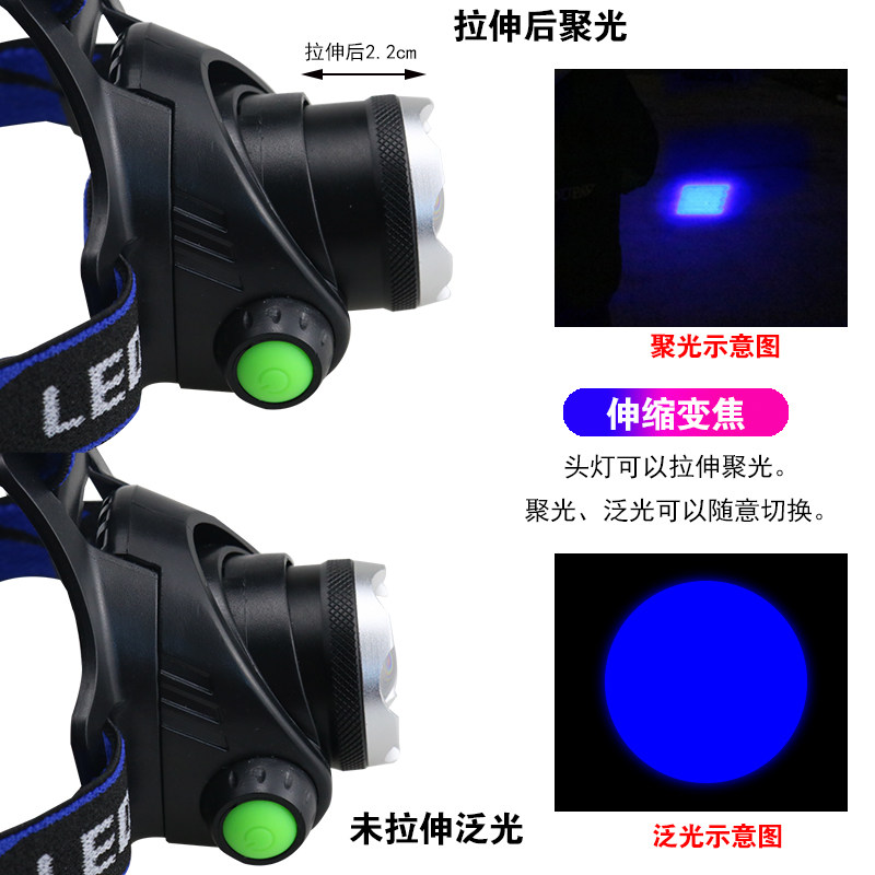 感应蓝白双光源头灯蓝光夜钓照漂钓鱼灯强光头灯可聚光泛光头戴式
