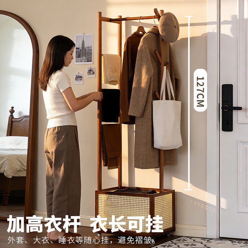 可移动衣帽架落地挂衣架竹制卧室角落不占空间脏衣篓小型立式衣架