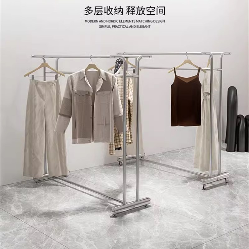 不锈钢挂衣杆女装货架陈列道具卖衣服展示架服装店双杠落地中岛架