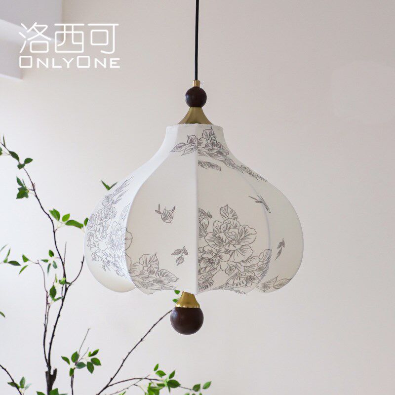 洛西可 复古法式浪漫花卉布艺吊灯 美式实木卧室餐厅儿童房灯具