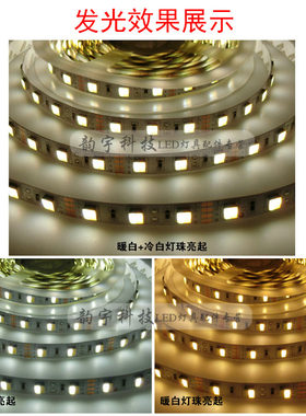 led色温可调灯带 双色灯条正白暖白光二合一灯珠客厅吊顶柜台12V