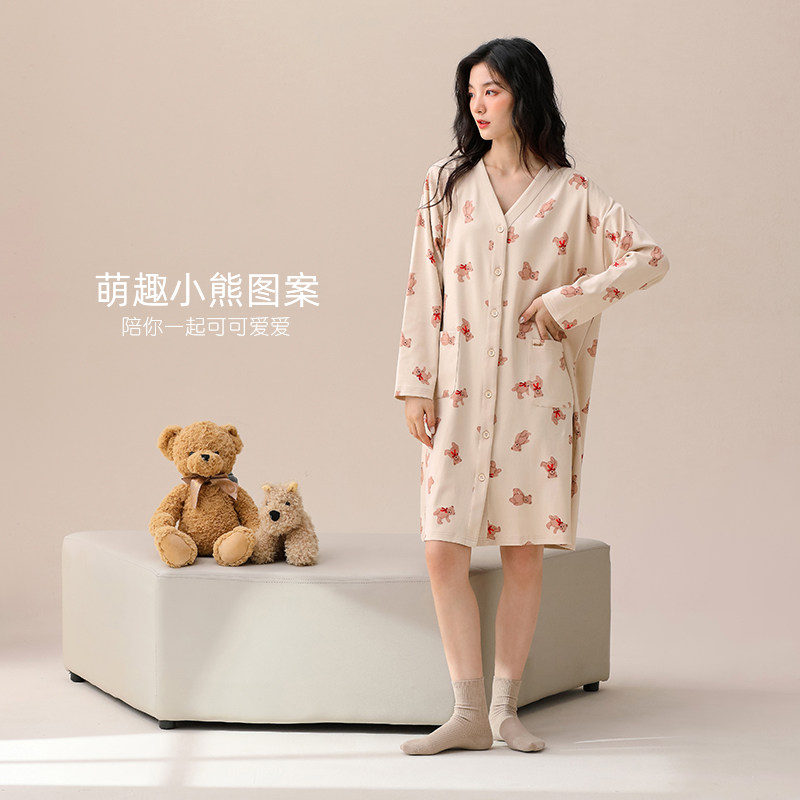 家乐芬睡裙女士睡衣春秋款秋季长袖纯棉薄款开衫长款衬衫大码孕妇