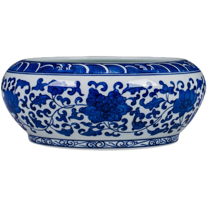 陶瓷花瓶青花瓷缠枝莲手绘笔洗茶洗小鱼缸 台面装饰品 景德镇摆件