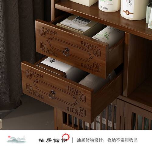 茶水柜置物架实木多层茶叶柜茶具收纳置物架茶边柜置物架茶台边柜