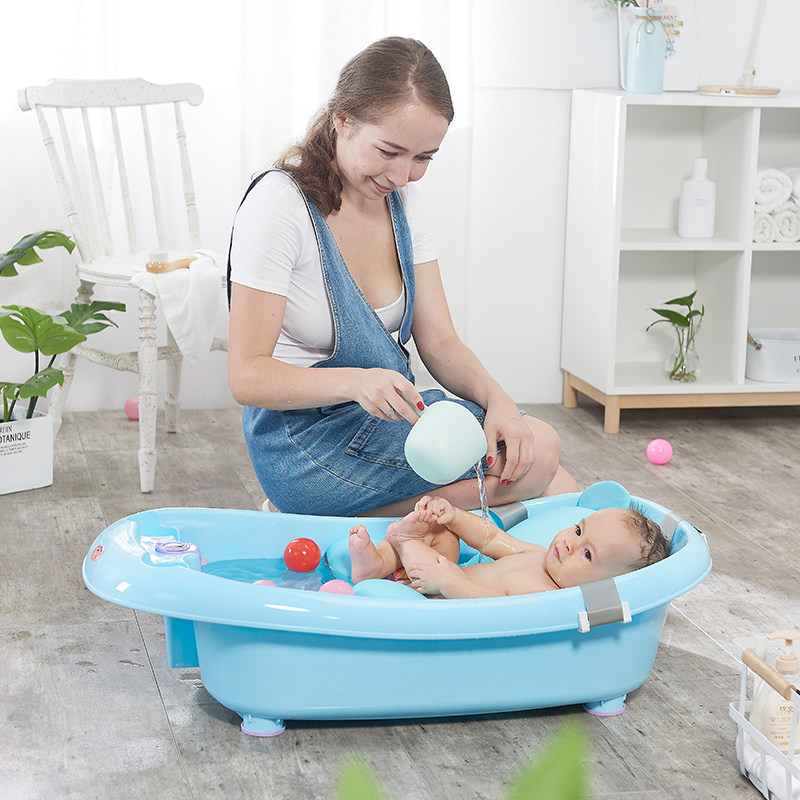 婴儿洗澡盆宝宝浴盆带温度计小孩家用大号加厚可坐躺新生儿童浴桶