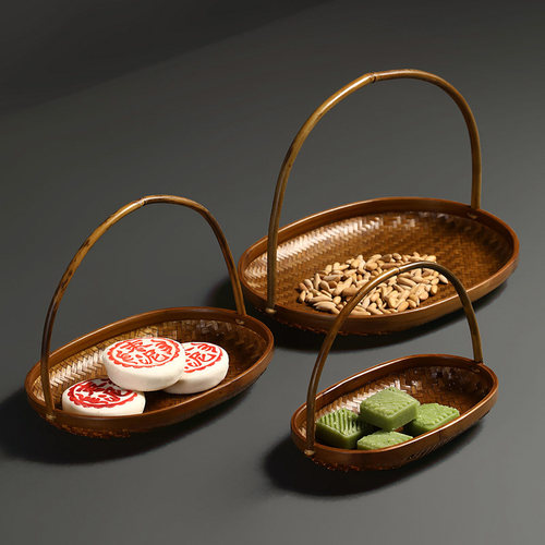 竹编大漆手提篮水果收纳筐茶具新中式茶点干果盘居家提篮茶室仿古