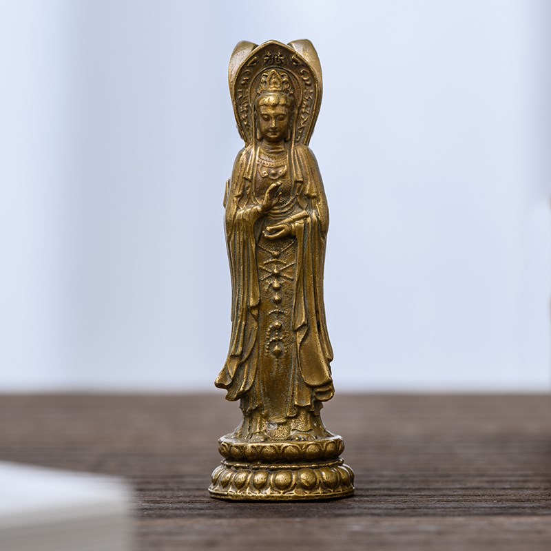 纯黄铜南海观世音菩萨三面观音佛像摆件精致随身佛书房家居装饰品