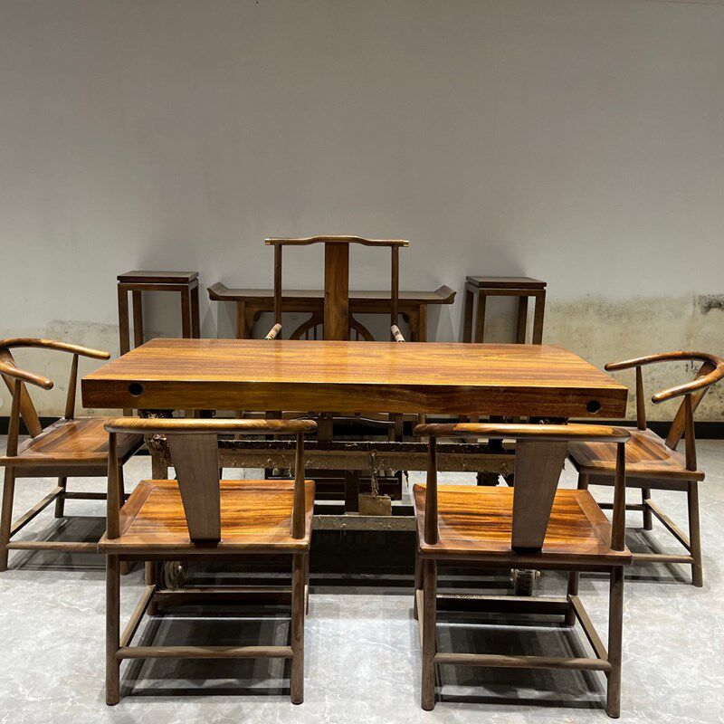 整板奥坎实木大板茶桌原木餐桌办公桌书桌书房泡茶桌椅150-80-10