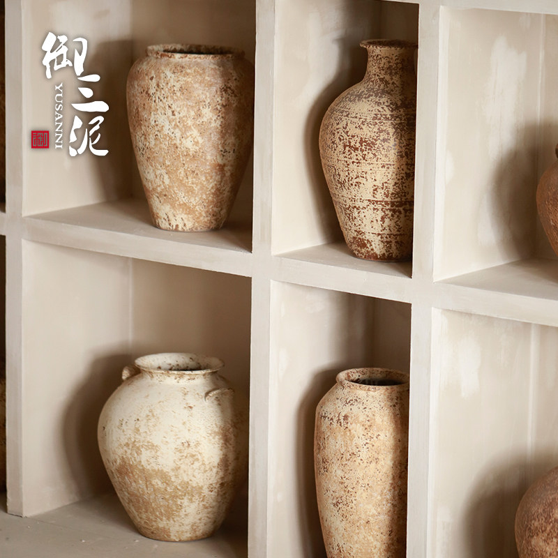 高级感装饰墙格子手工粗陶花器陶罐花瓶手作复古侘寂风摆件罐子