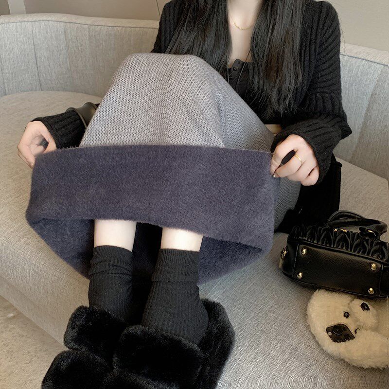 加绒针织半身裙女秋冬2025新款垂感开叉加厚冬裙中长款a字直筒裙