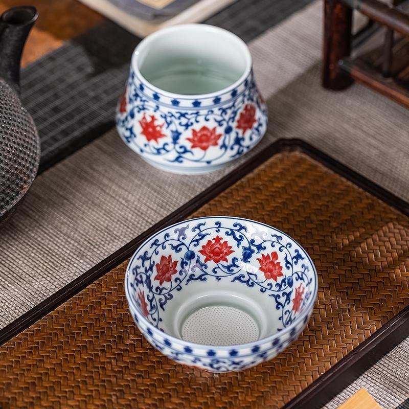 景德镇复古青花红缠枝莲茶漏陶瓷茶滤家用茶隔全瓷一体茶叶过滤网