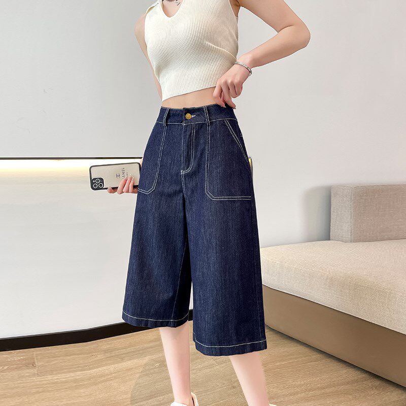 蓝色明线高腰牛仔短裤女2024夏季薄款阔腿休闲显瘦六七分直筒裤子