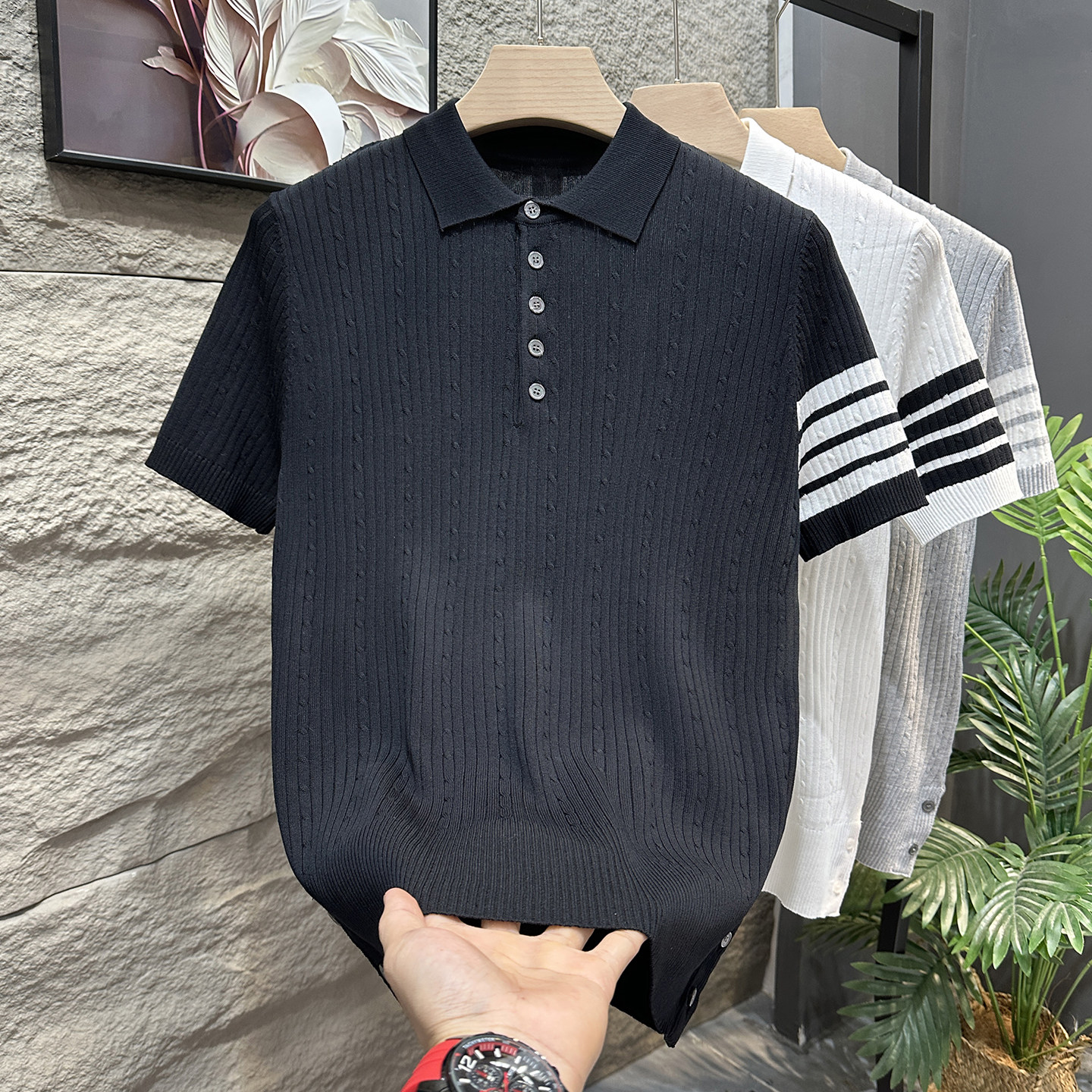 男士短袖t恤2026新款带领线衣服polo衫夏撞色有领休闲薄款针织衫