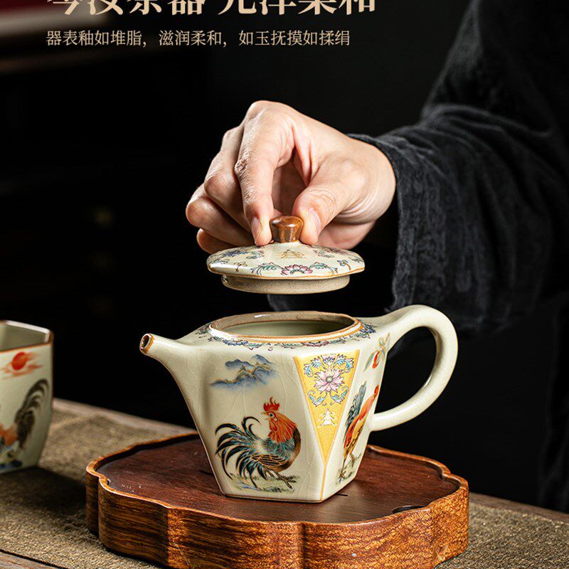 金鸡报晓汝窑八方壶陶瓷泡茶壶茶杯家用带过滤泡茶器功夫茶具套装