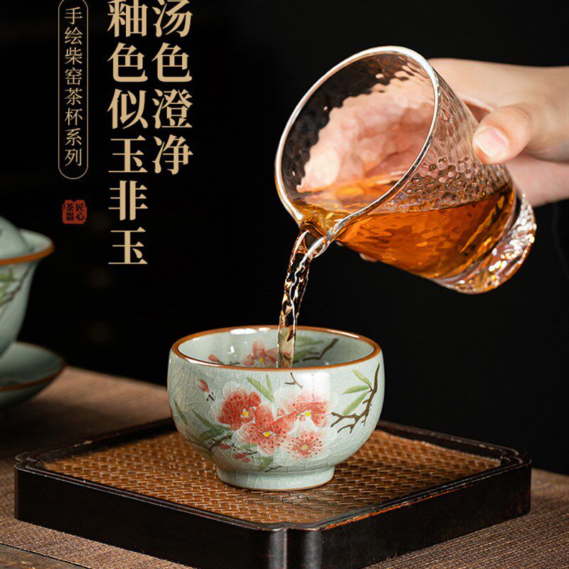 纯手绘桃花嫣红茶杯单杯釉下彩罗汉杯陶瓷主人杯功夫茶碗茶盏茶具