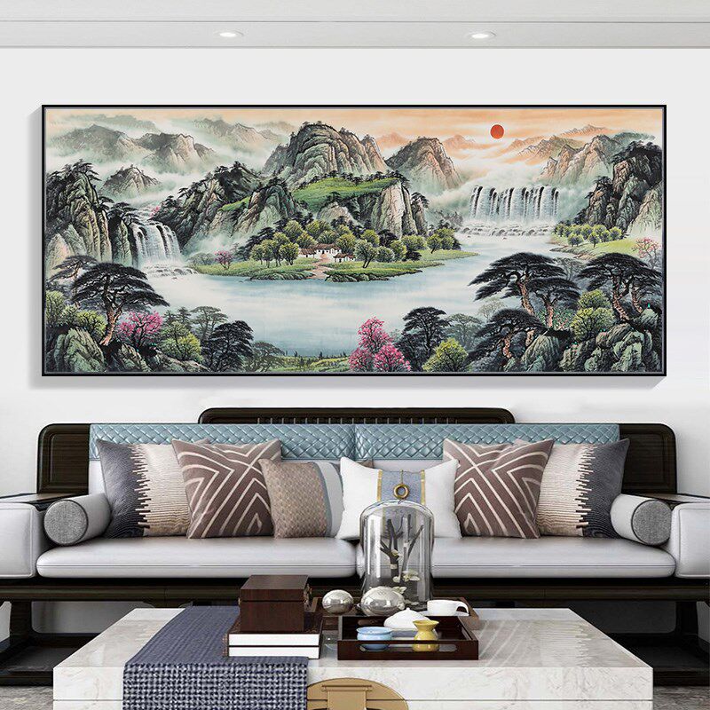 流水生财风景画客厅沙发背景墙装饰画办公室挂画字画山水画靠山图