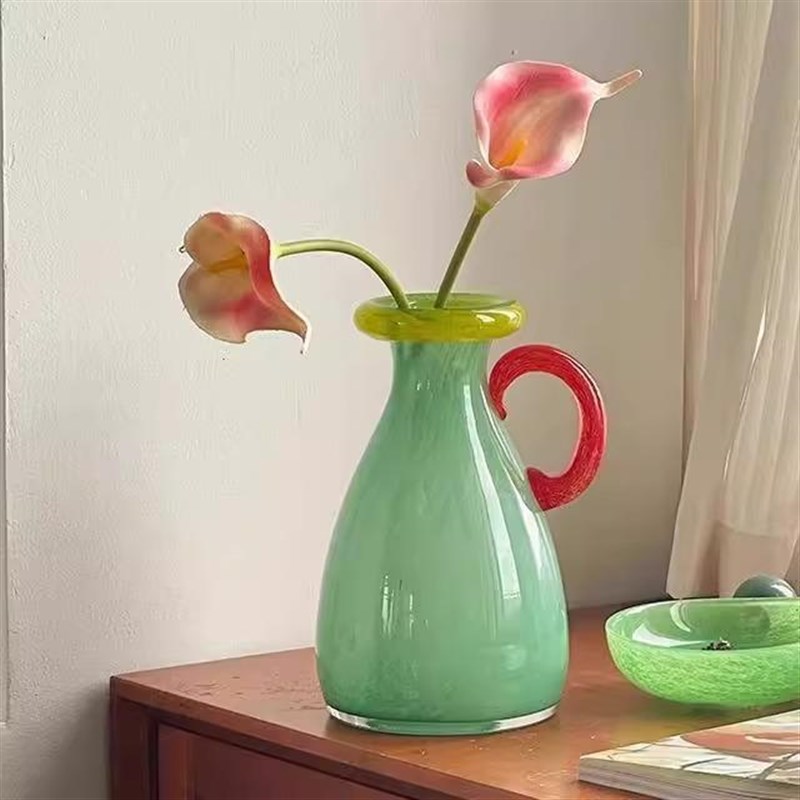 糖果色玻璃花瓶小众中古插花花器家居装饰插花水养绿色琉璃高级感