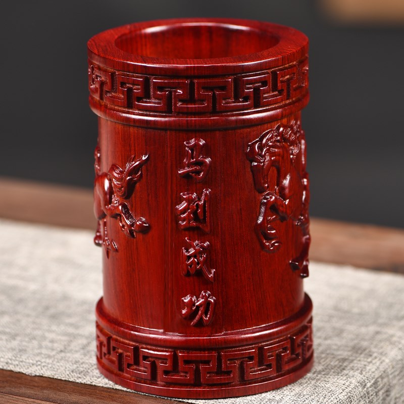 实木红色笔筒摆件教师节礼物送老师礼物木雕刻文房用品桌面收纳筒