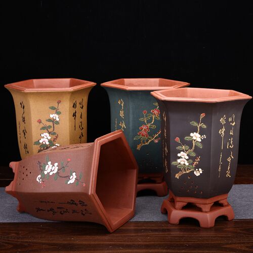 紫砂兰花盆专用精品大号六方带底座君子兰桌面花卉绿植简约中国风