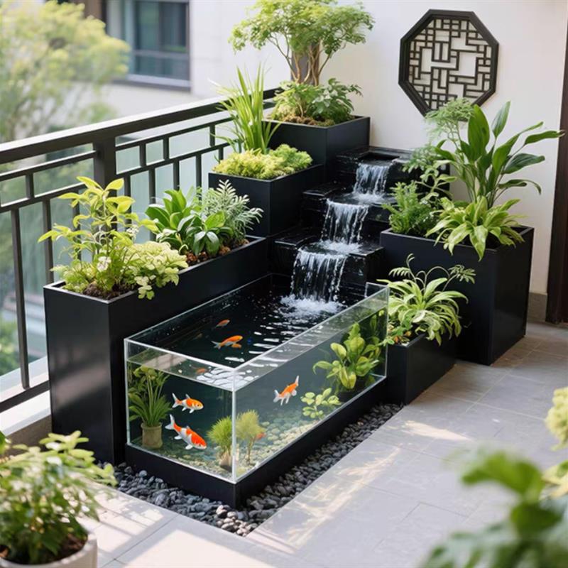 阳台创意流水鱼缸花箱落地钢化玻璃露台循环鱼池不锈钢庭院组合