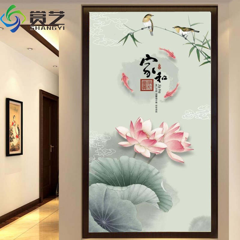 3d立体客厅瓷砖入户玄关壁画简约过道微晶中式卫生间背景墙荷花鱼