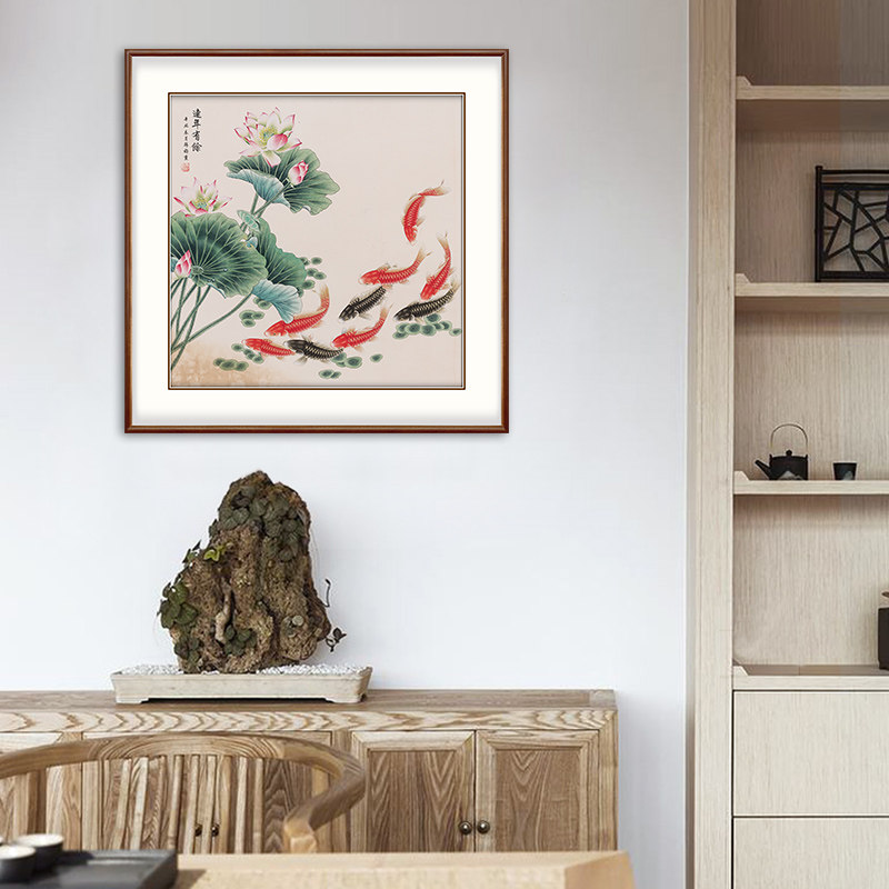 新中式玄关装饰画手绘九鲤鱼图工笔画餐厅连年有余壁画客厅挂画
