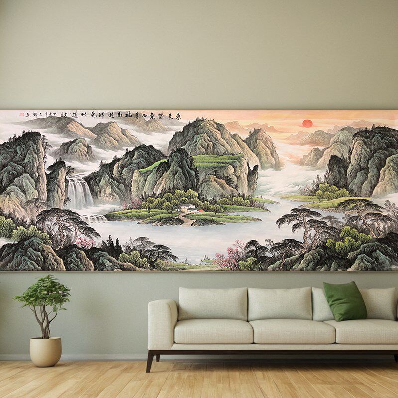 手绘马云聚宝盆山水画客厅挂字办公室装饰风景国中堂沙发背景墙画