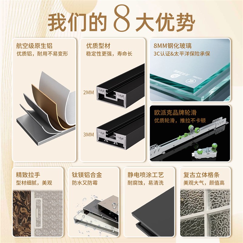 法式平移厨房推拉门铝合金三联动玻璃隔断门复古简易吊轨阳台门